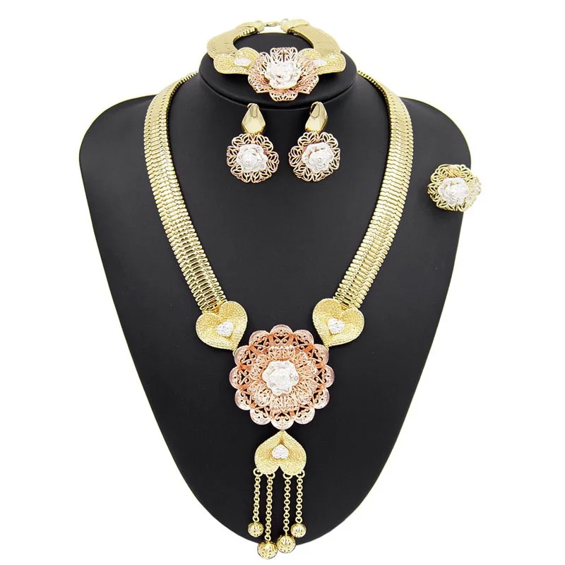 

Yulaili Luxury Dubai Gold Jewelry Sets for Women Heart Shape Pendant Necklace Earrings Charm Bracelet Ring Party Jewelery Set