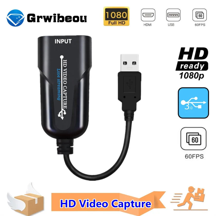 

Grwibeou USB 3,0 карта видеозахвата 1080P HDMI-совместимый надежный адаптер для потокового видео для прямых трансляций, видеорегистратор