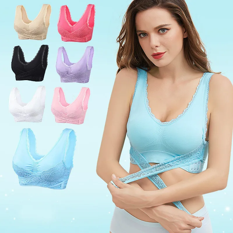 

Front Crisscross Side Button Lace Rimless Sports Bra Seamless Convergence Adjustable Yoga Sleep Oversize Underwear Bras