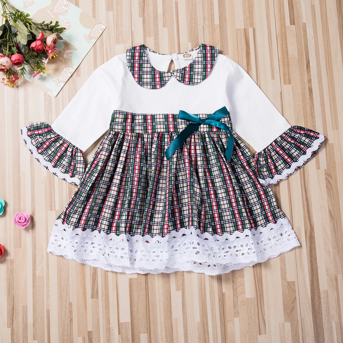 Girls Dress Half Sleeve Peter Pan Collar Vintage Princess Party Lace Flared Plaid Dresses Toddler Kids Infant Baby | Детская одежда и