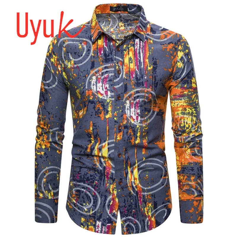 2020 UYUK Мужская рубашка с длинным рукавом размера плюс тонкая принтом слонов