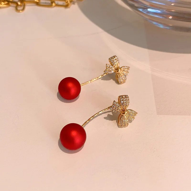 

Korean Bowknot Pearl Earrings Red White Front And Back Brincos Femme Jewelry Wholesale