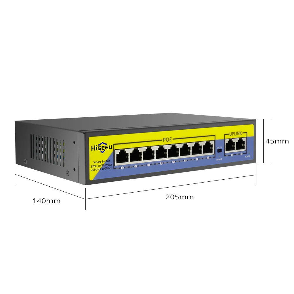 Hiseeu 48V 8 Порты коммутатор питания через Ethernet с Ethernet 10/100 Мбит/с IEEE 802,3 af/at для IP Камера/камера видеонаблюдения системы безопасности/Беспроводной AP ft