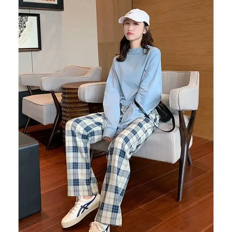 

New black and white plaid pants spring and summer female students Korean loose high waist straight tube slim casual floor