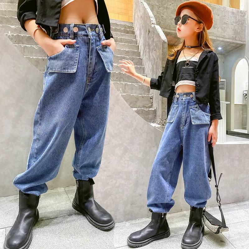 

Qunq Fashion Cool Teens Girl Jeans Wide Leg Loose Kids Denim Pant for Girl 4-16 Year High Waist Children Trousers Spring Summer