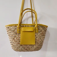 summer wicker woven womens bag leather patchwork straw basket bags large capacity women handbags beach shoulder crossbody bag