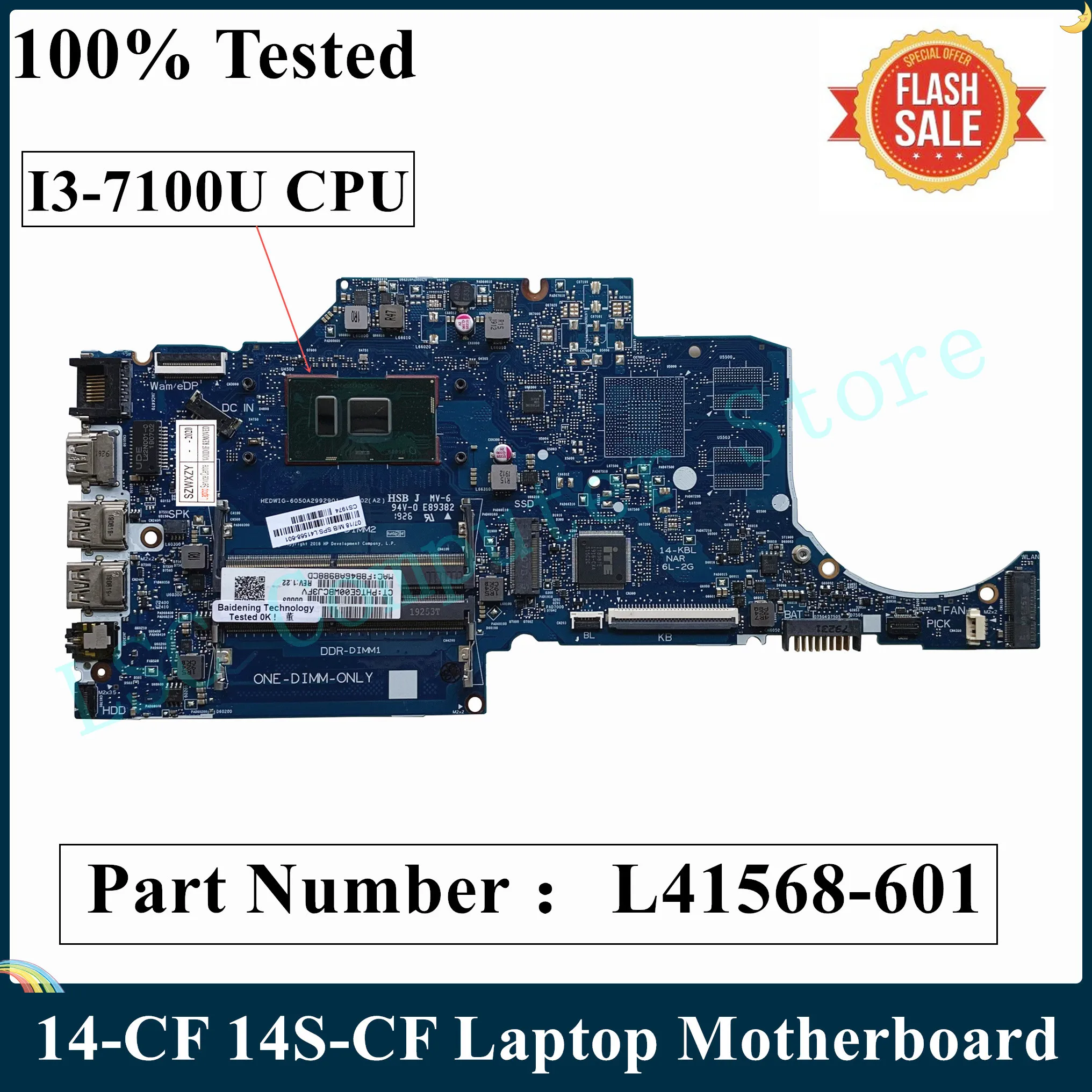 СОП для HP 14S CR CF 14 Материнская плата ноутбука L41568 601 001 с трехъядерным i3 7100U