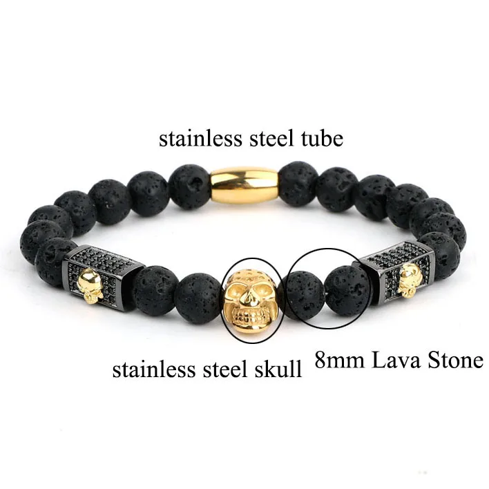 Модные мужские браслеты с бусинами CZ Pave Череп Корона Лев Шарм Лава Рок Камень