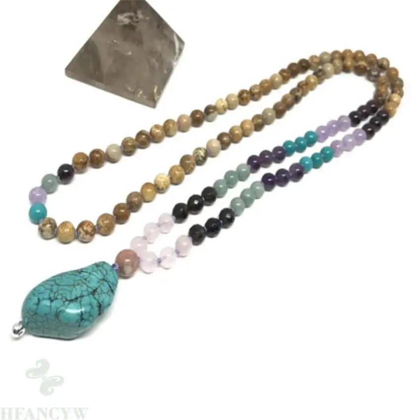 

8mm Turquoise Gemstone Picture stone Mala necklace 108 Beads Meditation Bless natural Fancy Veins Unisex Chakas chain cuff