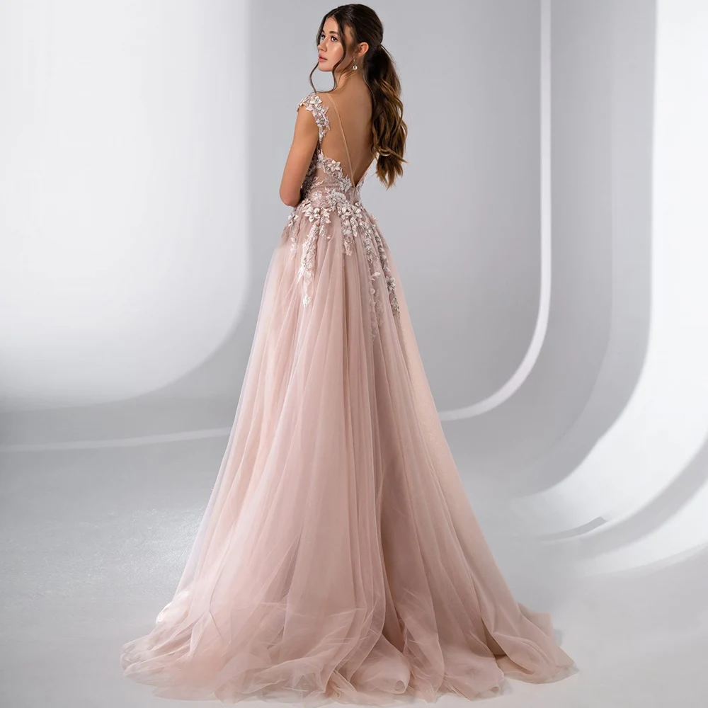

Elegant Scoop Neck Cap Sleeve Evening Dress 2021 Sweep Train Appliques Lace Backless Tulle Special Occasion Gowns