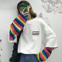 hoodies women ulzzang fake two pieces sweet rainbow striped womens harajuku hoodie chic patchwork white oversized soft lady tops