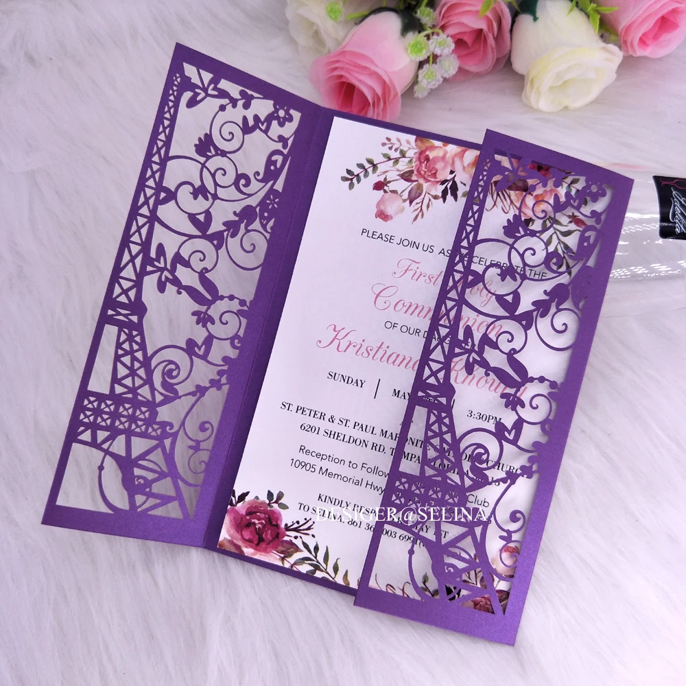 Фиолетовые пригласительные приглашения с лазерной огранкой лентой 20 + цветов на