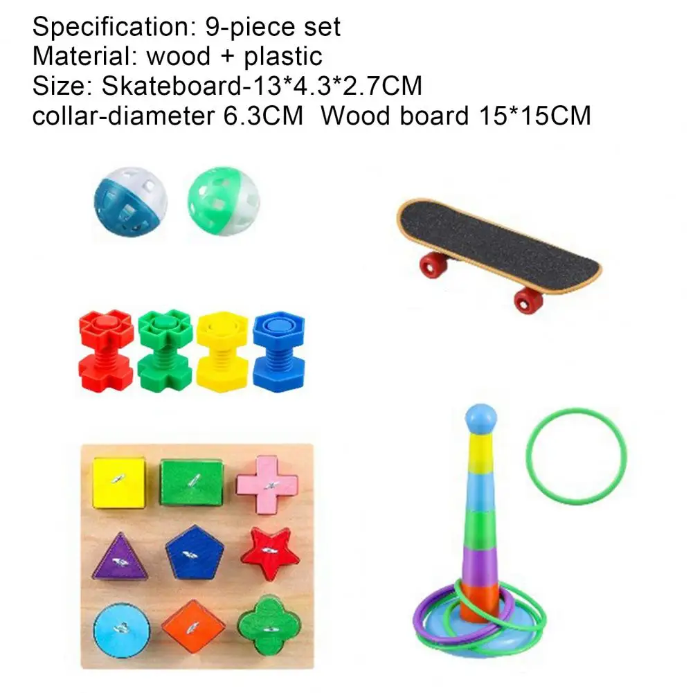 

9Pcs/Set Parrot Toy Kit Bite-resistant Interactive Wood Birds Block Puzzles Skateboard Toy Pet parrot toys Parrot Accessories