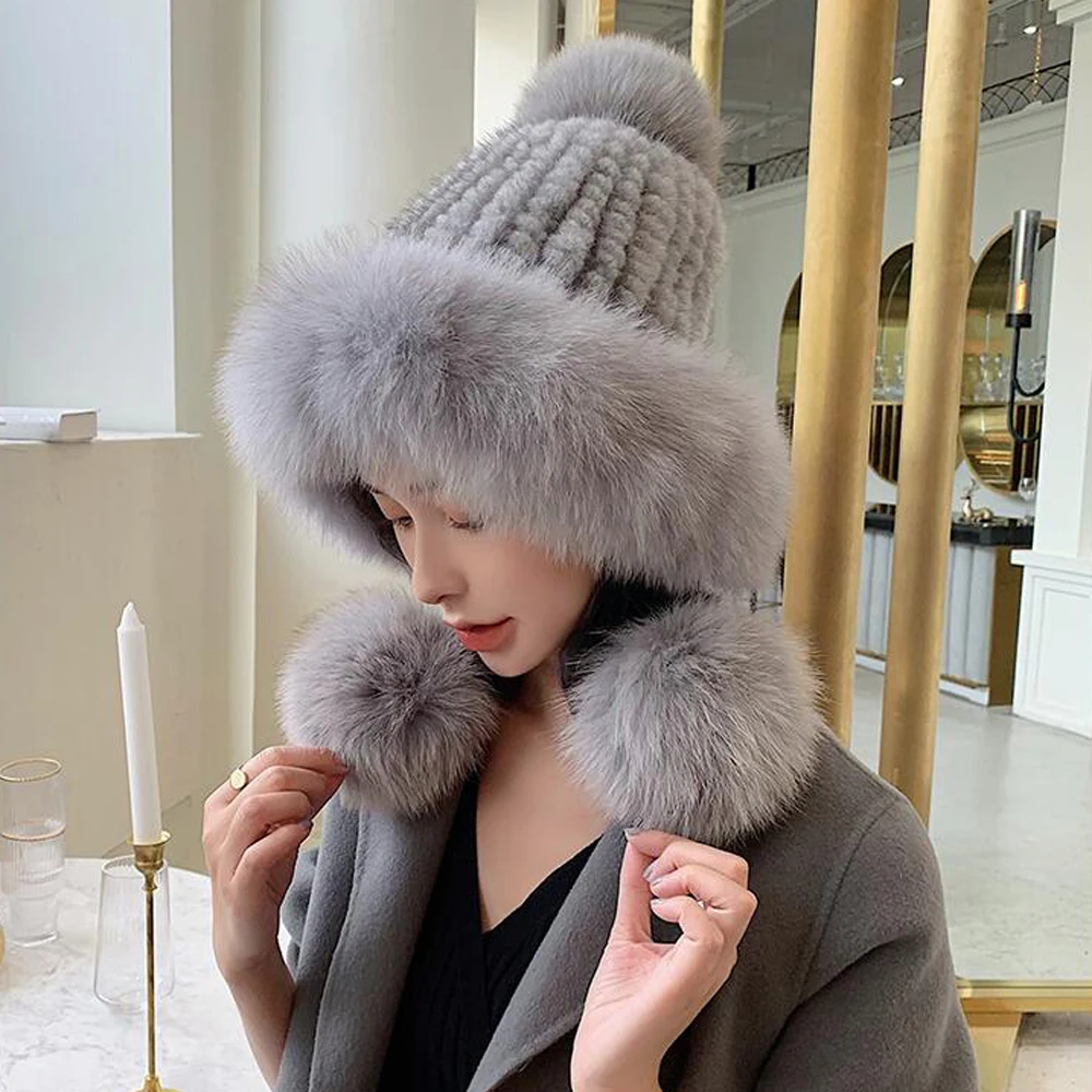 Лидер продаж Зимняя женская вязаная натуральная помпоны из лисьего меха шапка
