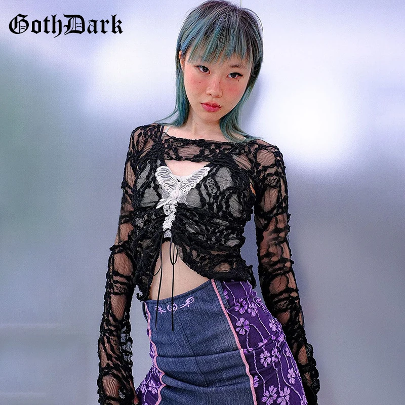 Женские кружевные прозрачные футболки Goth Dark Y2k в стиле Панк Harajuku привлекательные