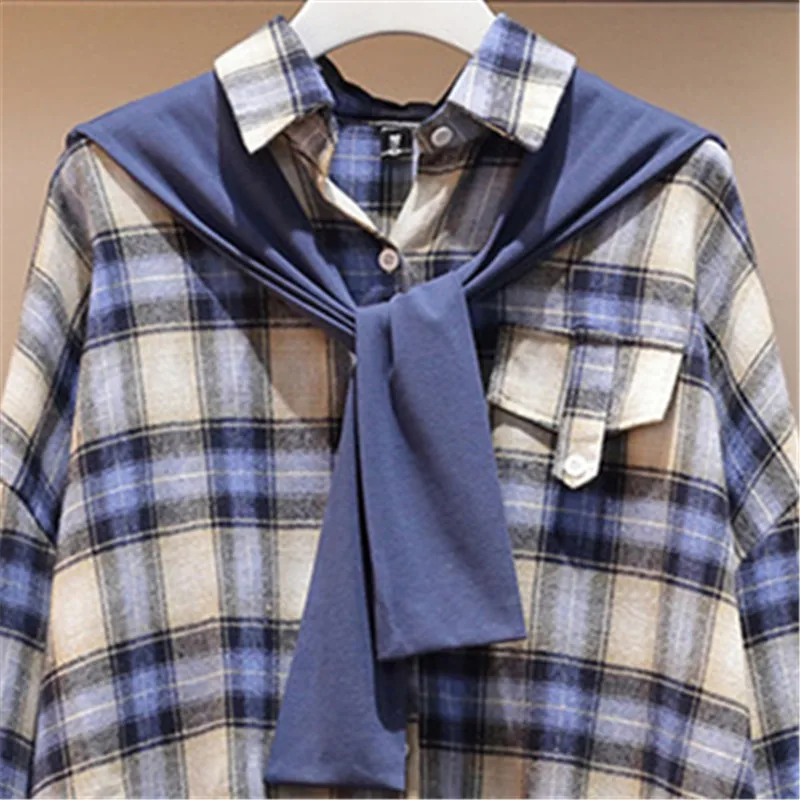 

Large Size Ladies Suit 21 Spring And Autumn New Plaid Long Sleeved Shirt Top Pencil Pants Fashion Casual Loose Women's Clothing