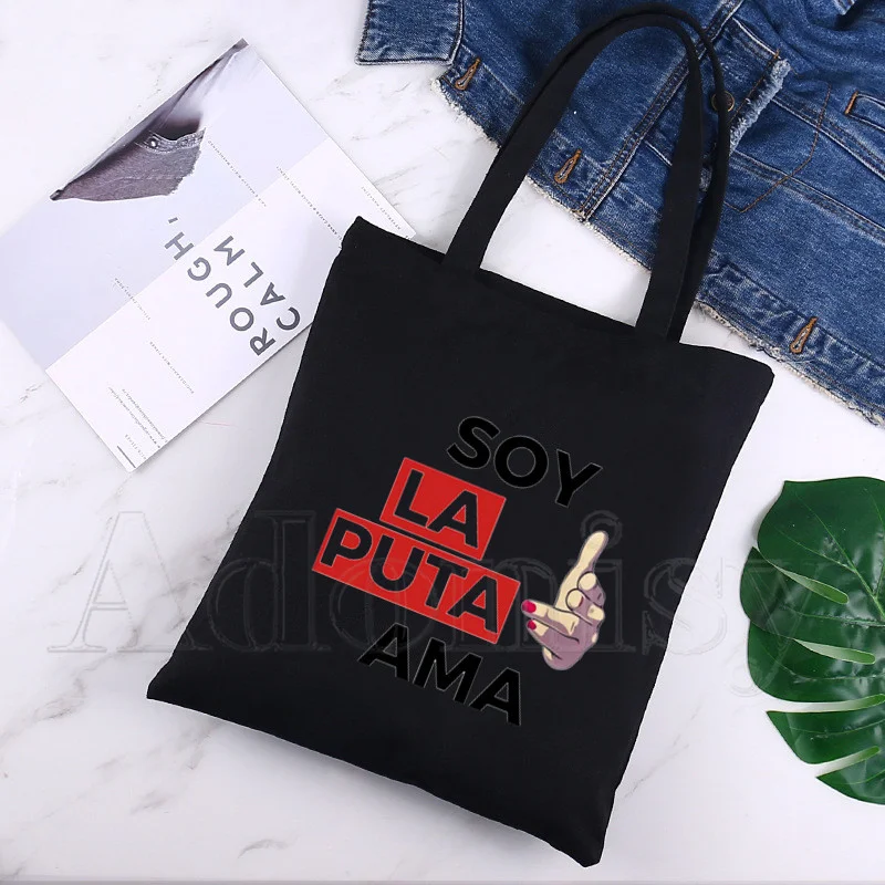 

La Casa De Papel New Arrives Art Canvas Bag Totes Simple Print Shopping Bags Girls Life Casual Pacakge Black