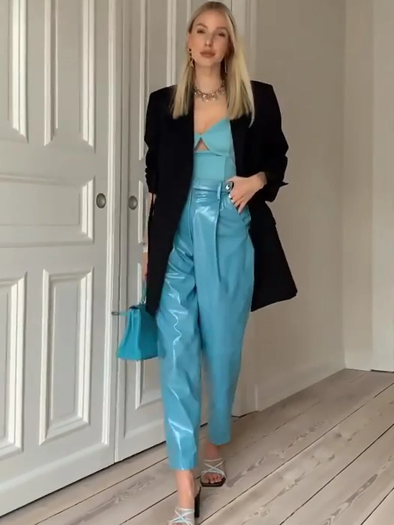 Fashion Brand blue glossy Patent pu leather pants Spring autumn Female package hip Quality Slim Harem Pants F2627 dropship