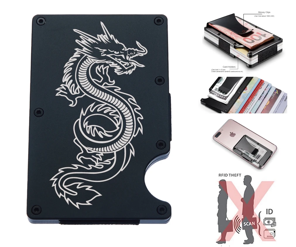 

Chinese Long Dragon Engraved Minimalist RFID Blocking Money Clip Pocket Aluminum Slim Metal Wallet for Men Credit Card Holder