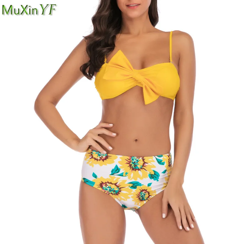 

Женский комплект бикини с бантом, желтый купальник из двух предметов с богемным принтом и высокой талией, пляжные купальные костюмы, 2021