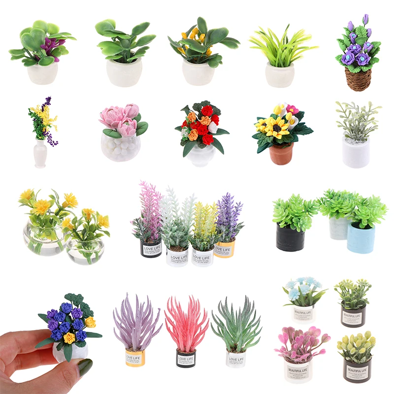 

Миниатюрный цветок в горшке для кукольного домика с зелеными растениями, мебель для домашнего декора, имитация миниатюрных горшечных расте...
