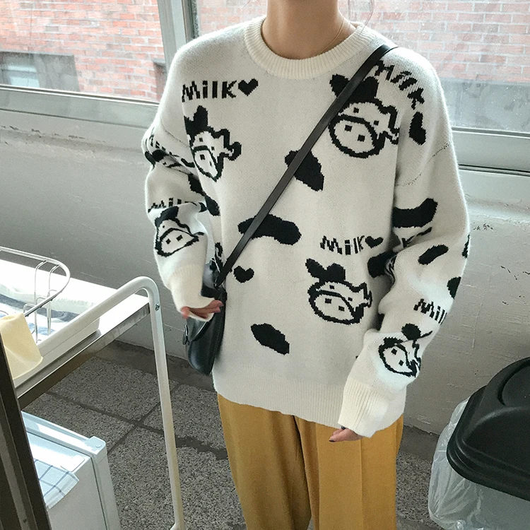 Vintage Casual Loose Cow Sweater Women's Sweaters Japanese Kawaii Ulzzang Female Korean Harajuku Clothing For Women | Женская одежда