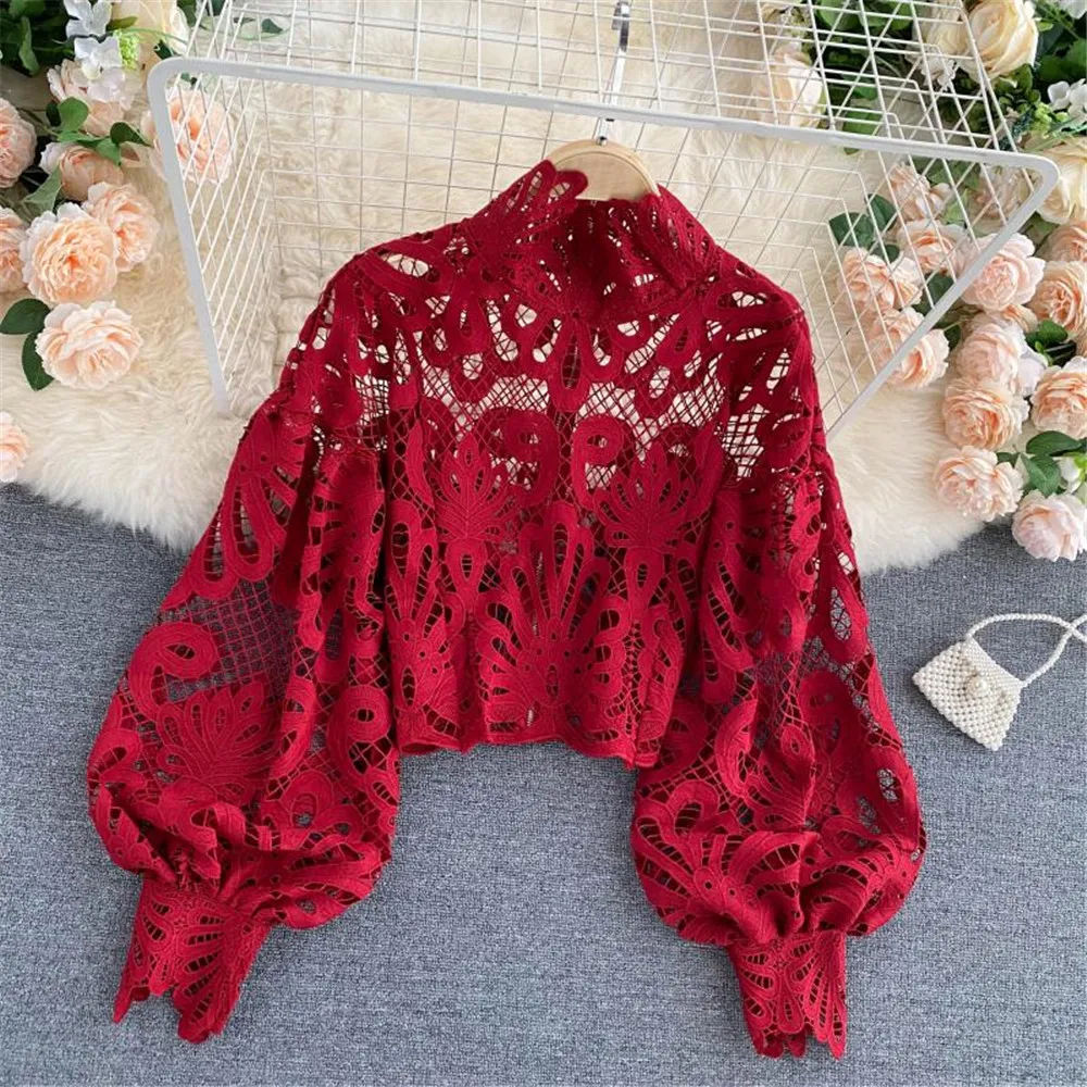 

Women Lace Blouses Shirts Fashion Autumn Hollow Crop Tops Puff Sleeve Basic Shirt Female Top Woman Blouse Femme Clothing 2021