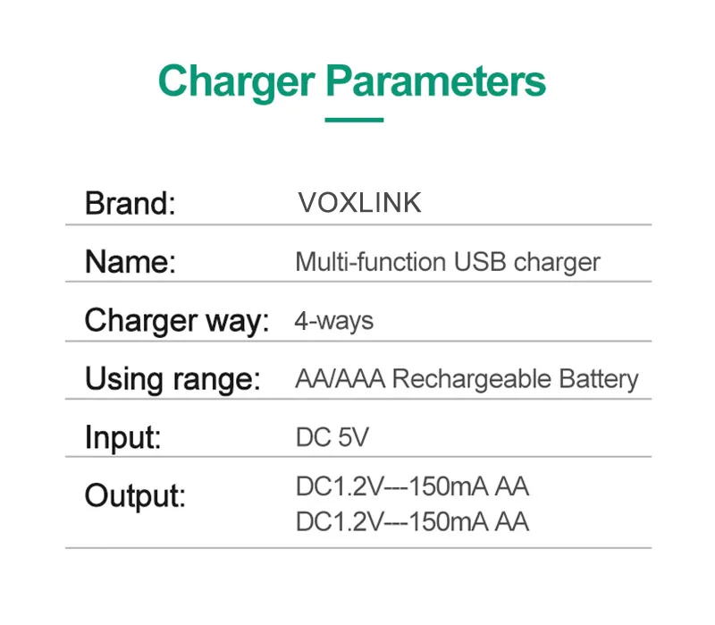 Зарядное устройство VOXLINK с USB-кабелем 4 слота | Электроника