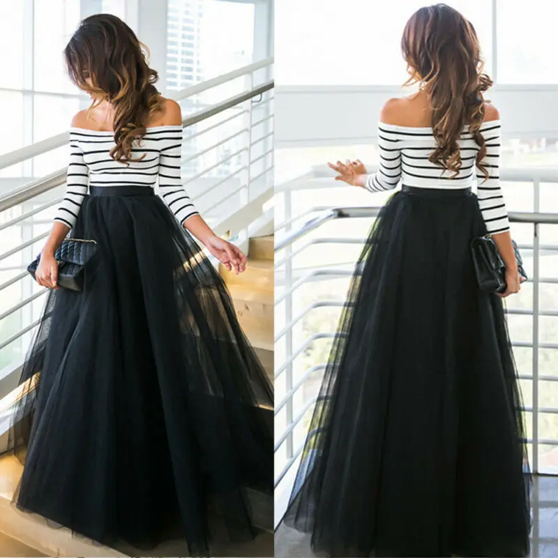 Нам Женская Мода Летнее Длинное Двойка фатиновое платье макси в полоску без