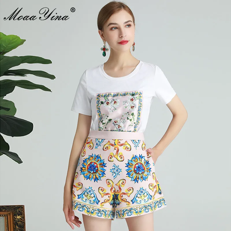 

MoaaYina, модный дизайнерский комплект, летний женский пуловер с коротким рукавом, украшенный бусинами и цветочным принтом, футболка, топы + шор...