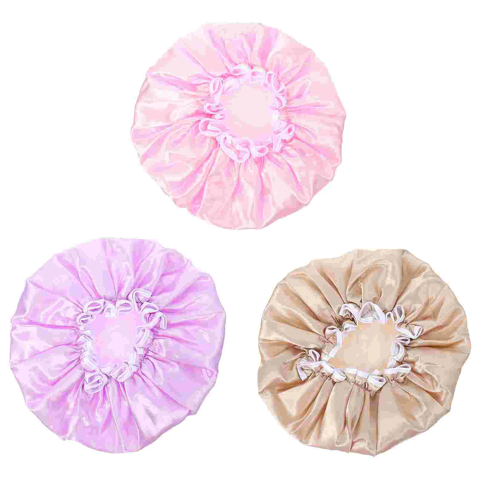 

3 шт. домашние двухслойные шапочки для душа, атласные шапочки для купания, практичные полиэтиленовые шапочки для душа