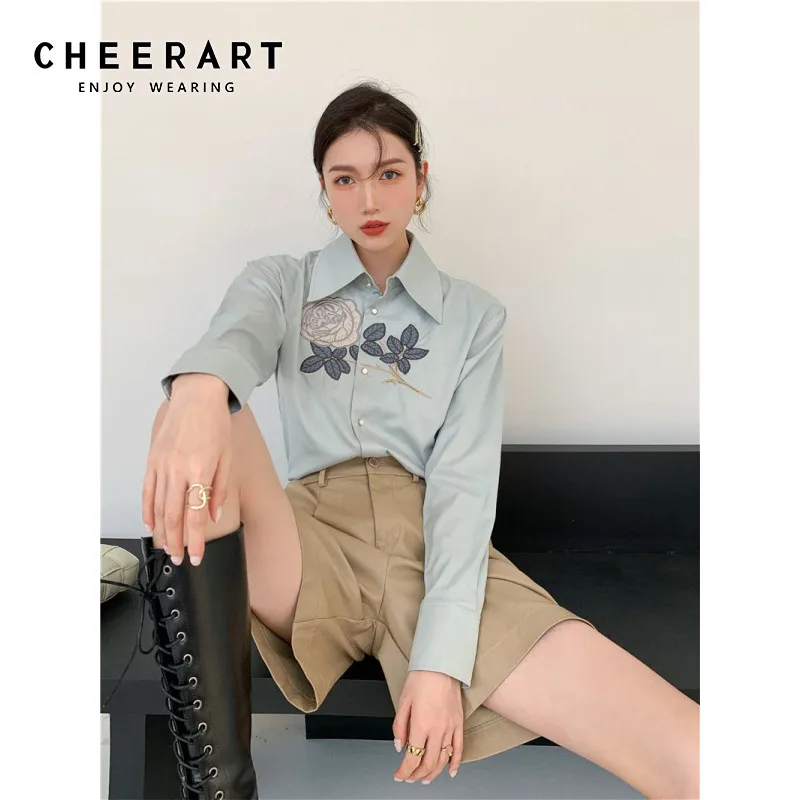 

CHEERART Floral Embroidered Top And Blouse Mint Green Shirt Long Sleeve Button Up Collar Shirt Korean Fashion Autumn Spring 2021