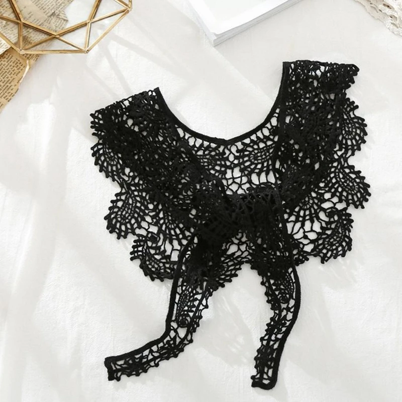 

Women Spring Crochet Fake Collar Shawl Wrap Embroidery Paisley Floral Decorative Cape Tie Knot Front Mini Poncho Scarf
