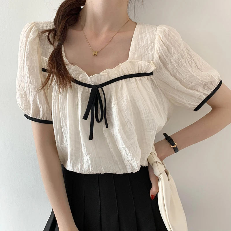 

French Style Elegant Lace-up Bow Square Collar Blouse Women Fashion Puff Sleeves Summer Tops Sweet Woman Casual Loose Blouses