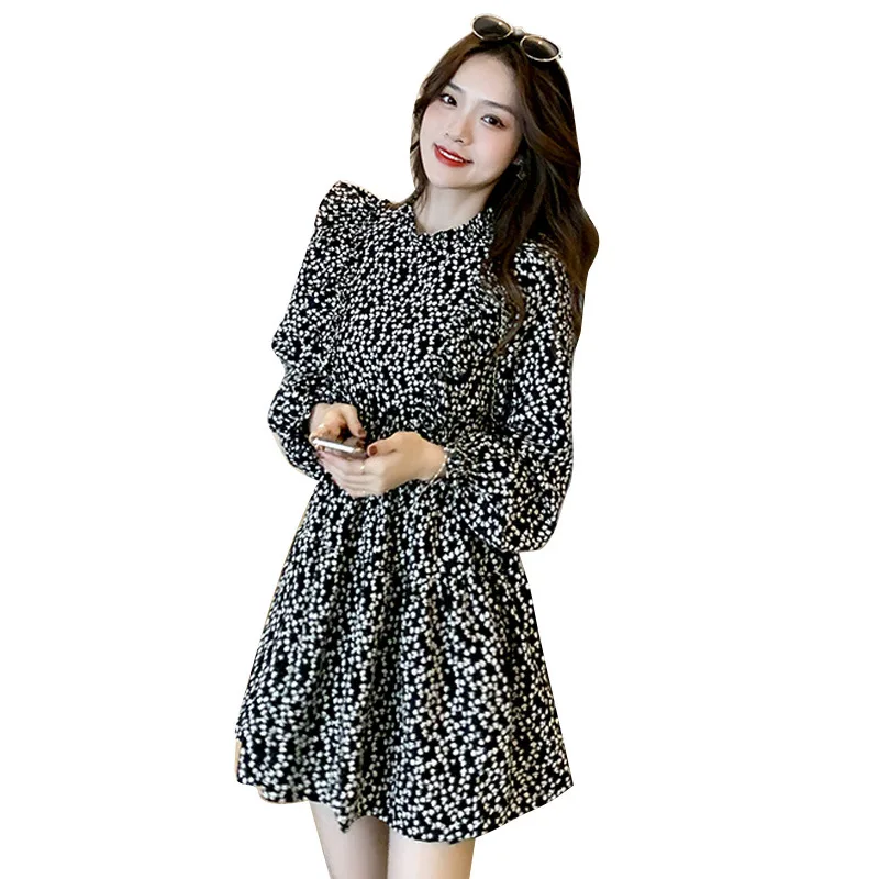

2021Spring Dress New French Retro Hepburn Style Waist Down Slim Skirt Women's Long Sleeve Floral Dress Dresses Women Black Dress