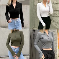 european american style basic thread knitted zipper long sleeve t shirt sexy tight fitting navel top slim bottoming shirt tide