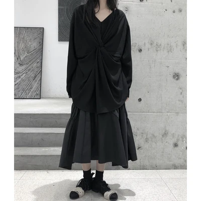 

Ранняя осень новый продукт Satomi темный дизайн чувство узел до и после двух носить Женская рубашка с длинными рукавами