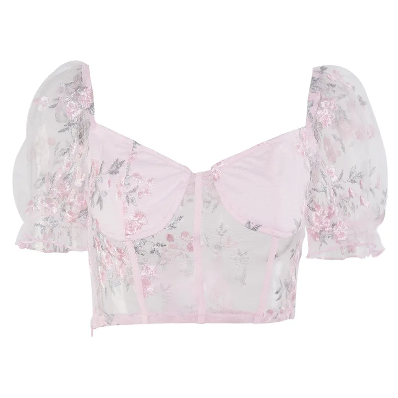 

SeeBest Women Sexy Lace Embroidery Flower Cropped Blouses Short Sleeve See Through Tops Female Blusas Sexy Party Clubwear