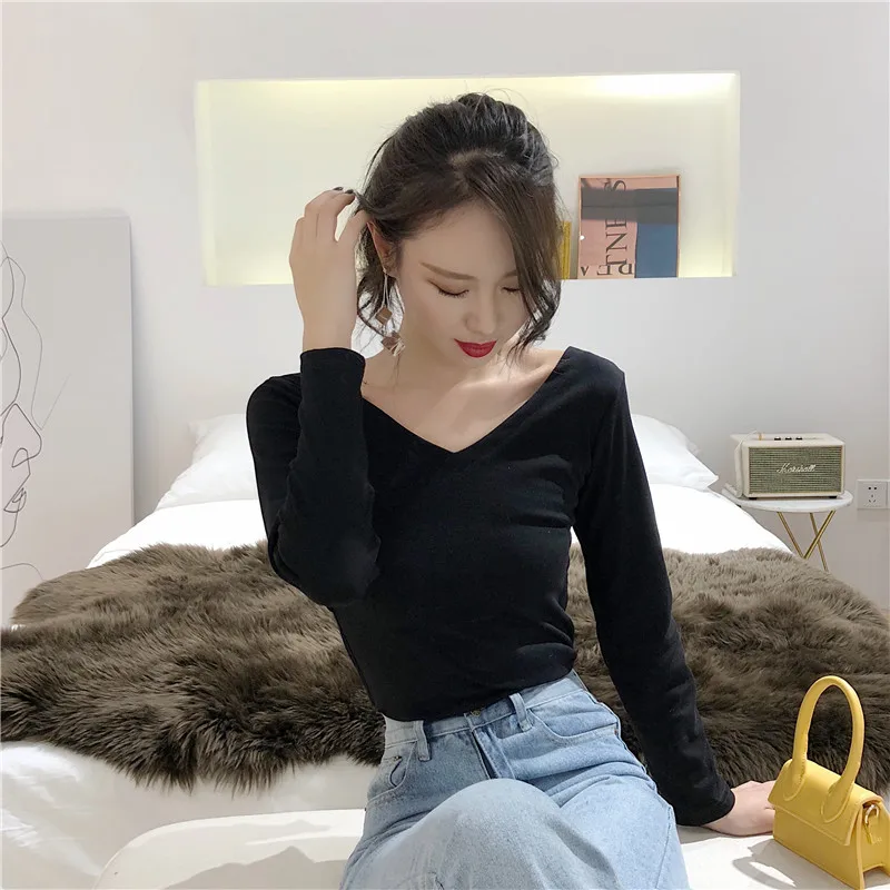 Женская футболка с длинным рукавом Повседневная однотонная черно белая v