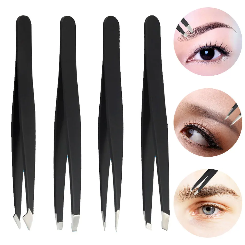 

4 Piece Set Cosmetic Rust-free With Case Eyebrow Pliers Professional Tweezer Hair Removal Stainless Steel Makeup Tool Polished