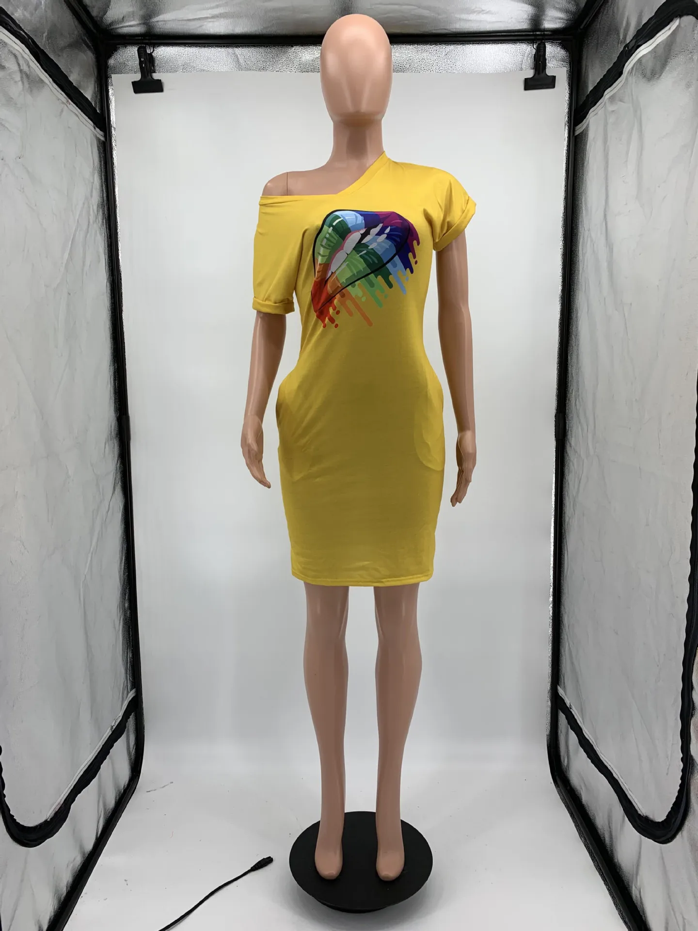 Yellow HAOYUAN радуга губы печати Сексуальная футболка платье для женщин Vestidos с карманами короткий рукав более размер d Повседневная Свободная плюс размер платья - Цвет: Yellow