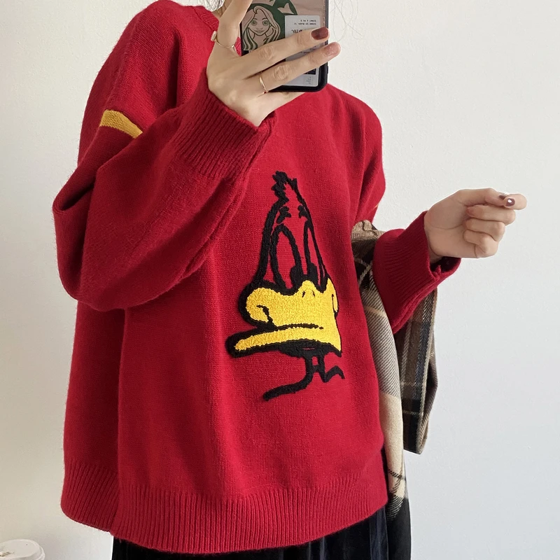 

Autumn and winter cartoon duck three-dimensional double layer thickened sweater women's loose and thick women's round neck knitt