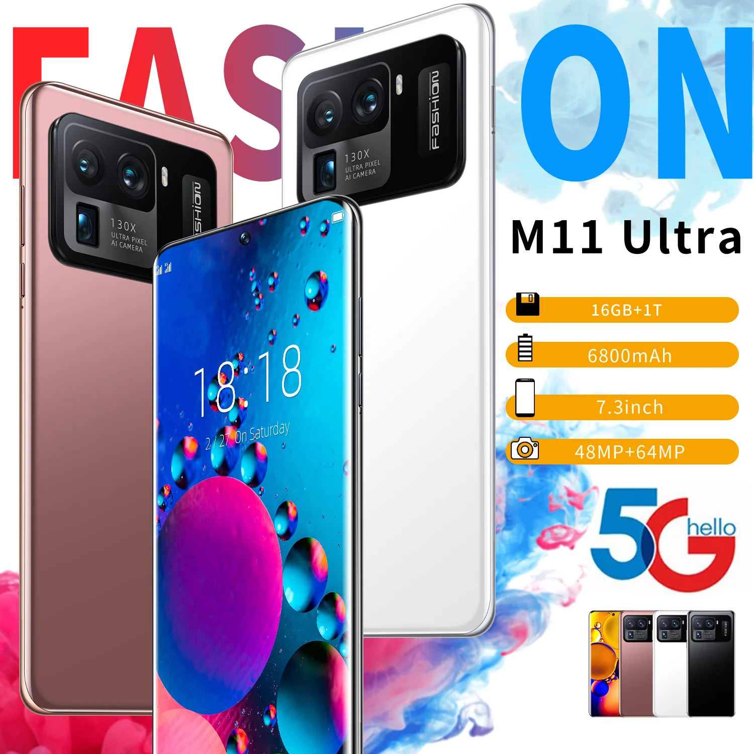 Oro smartphone M11 Ultra 7,3 pulgadas 16GB + 1T 5G Red Huella Digital ID 6800mAh tel&eacute;fono inteligente 48 + 64MP Dual SIM + Micro SD tel&eacute;fonos celulares-4