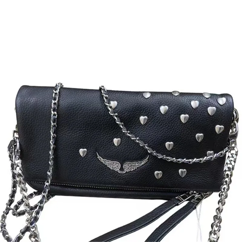

Real Leather Women's Bag Single Shoulder Bag Fashion Personality Wings Love Rivets Decorated Chain Messenger Bag