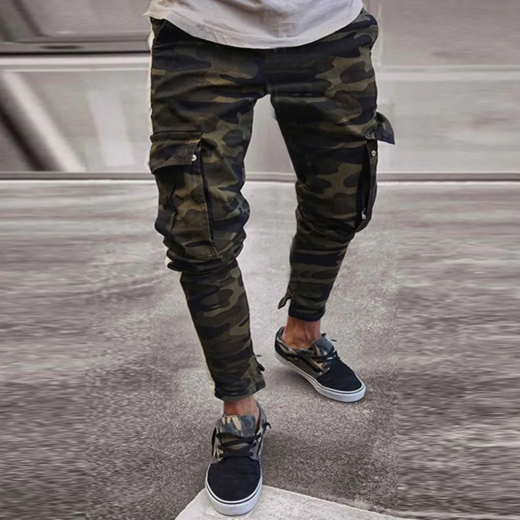 Mens Cargo Pants Denim Jeans Trousers Slim Fit Streetwear Hip-hop Casual Autumn Pleated Skinny Camouflage Stretch Sportwear