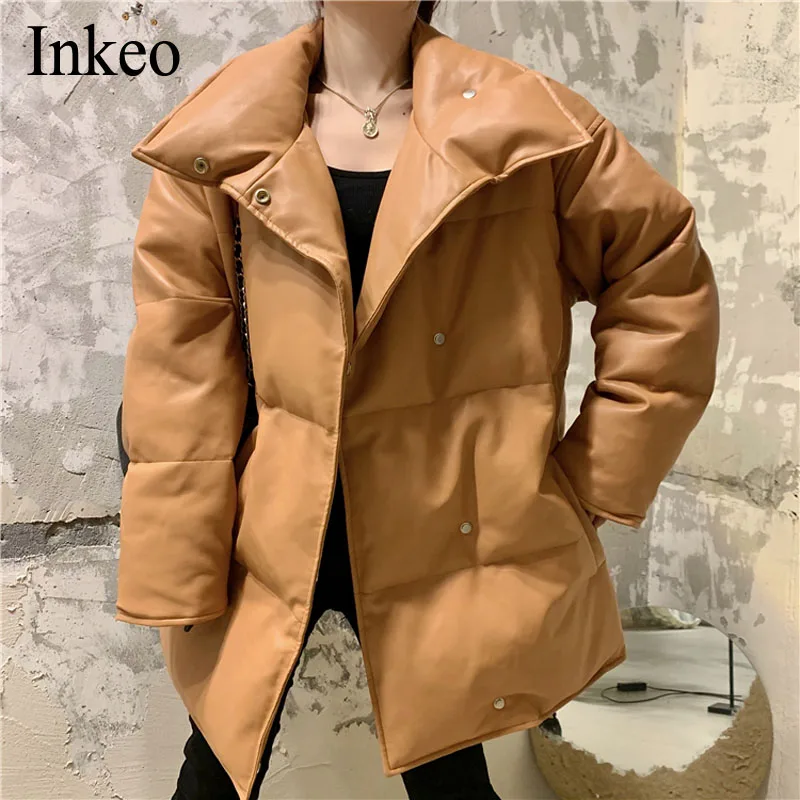 

Модная черная женская зимняя парка, пальто 2021, толстая теплая куртка из искусственной кожи, пуховик, верхняя одежда, повседневное пальто INKEO ...