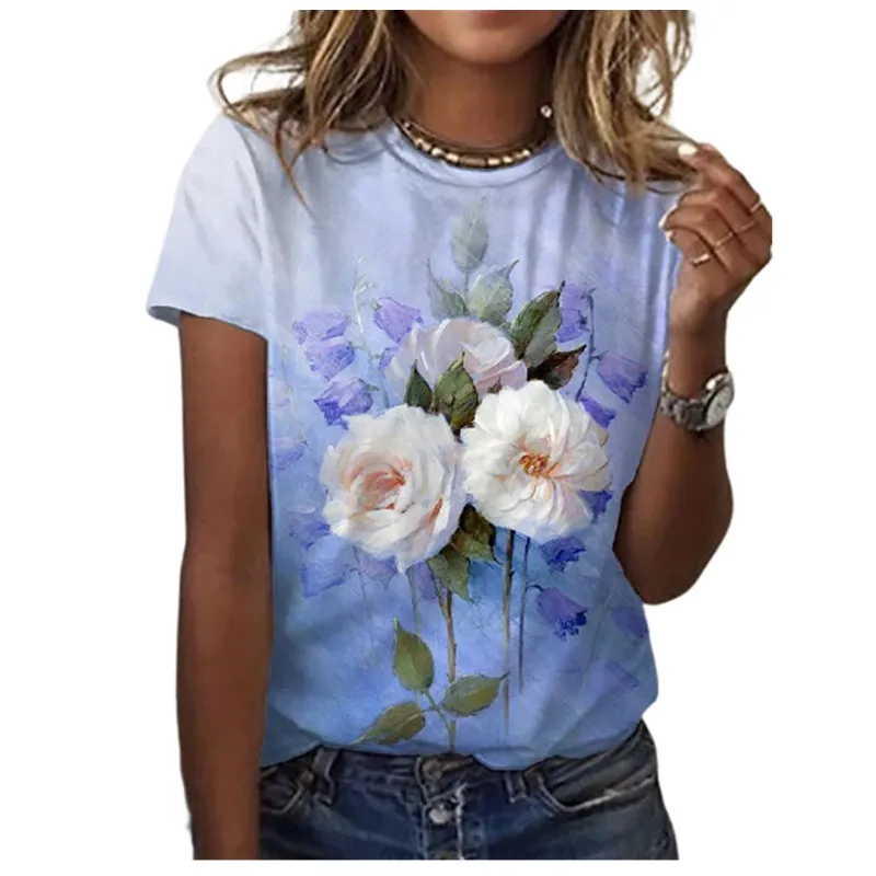 

Women's Clothing Summer 2021 Short Sleeve 3D Flower Print Tshirts Summer Casual Loose Women Top Plus Size Tee Ladies Streetwear