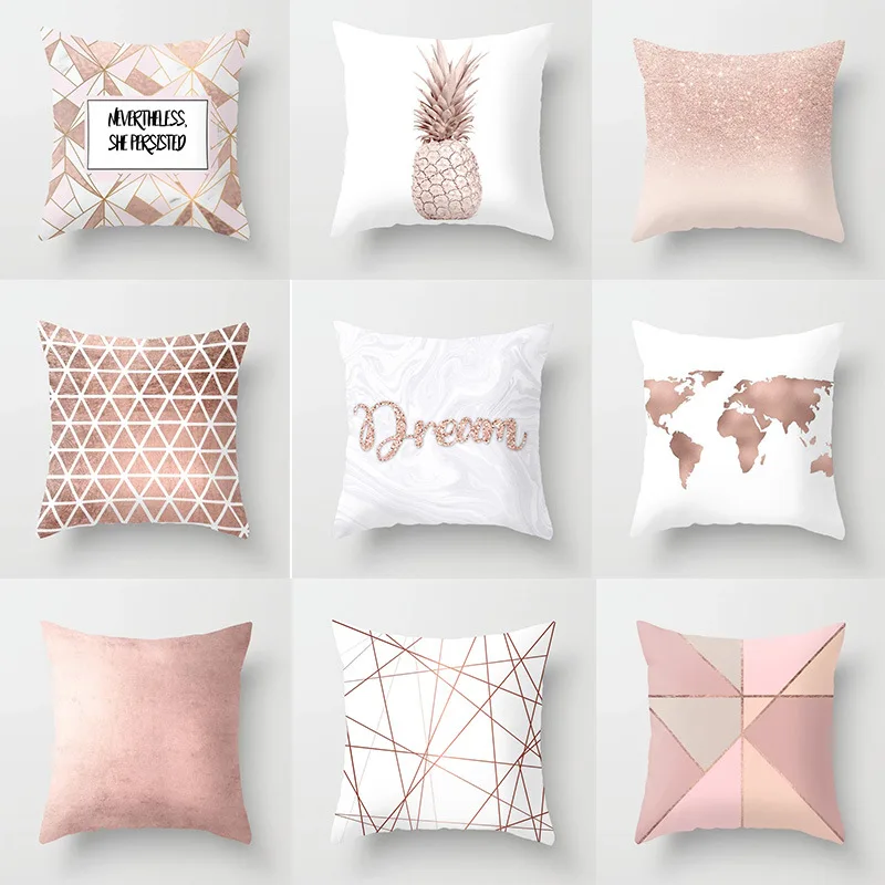 Pink Gold Cushion Cover Geometry Letters Print Sofa Pillow Cases Bedroom Home Decor Car Office Decorative 45x45cm