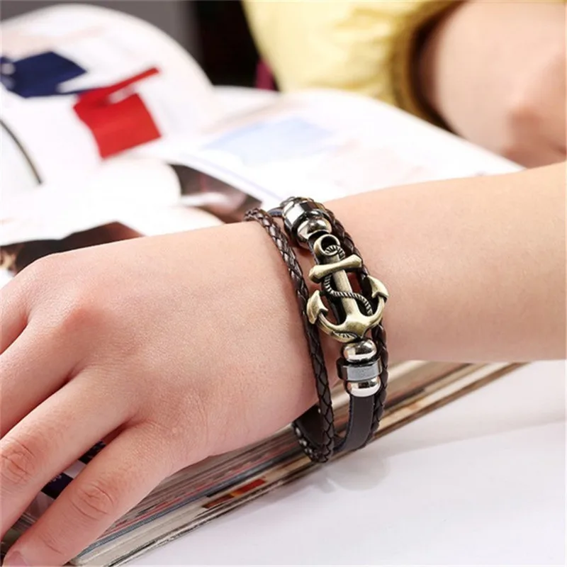

White/Bronze Three-color Anchor Accessories Men's and Women's Punk Braided Leather Bracelet Jewelry Sea charm couple bracelet