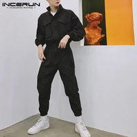 incerun 2021 fashion men jumpsuit joggers long sleeve solid romper zippers thin cargo overalls casual pants men streetwear s 5xl